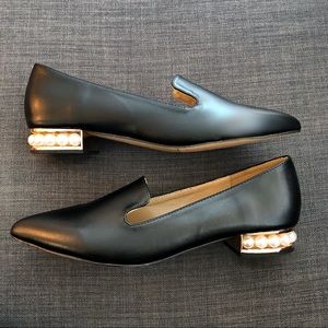 Pearl Heels Loafers Black Leather 7.5